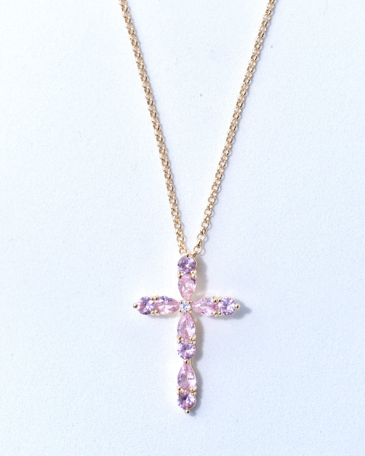 Pink 16K Gold Filled Crystal Cross Necklace