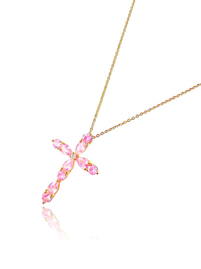 Pink 16K Gold Filled Crystal Cross Necklace