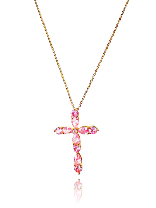 Pink 16K Gold Filled Crystal Cross Necklace